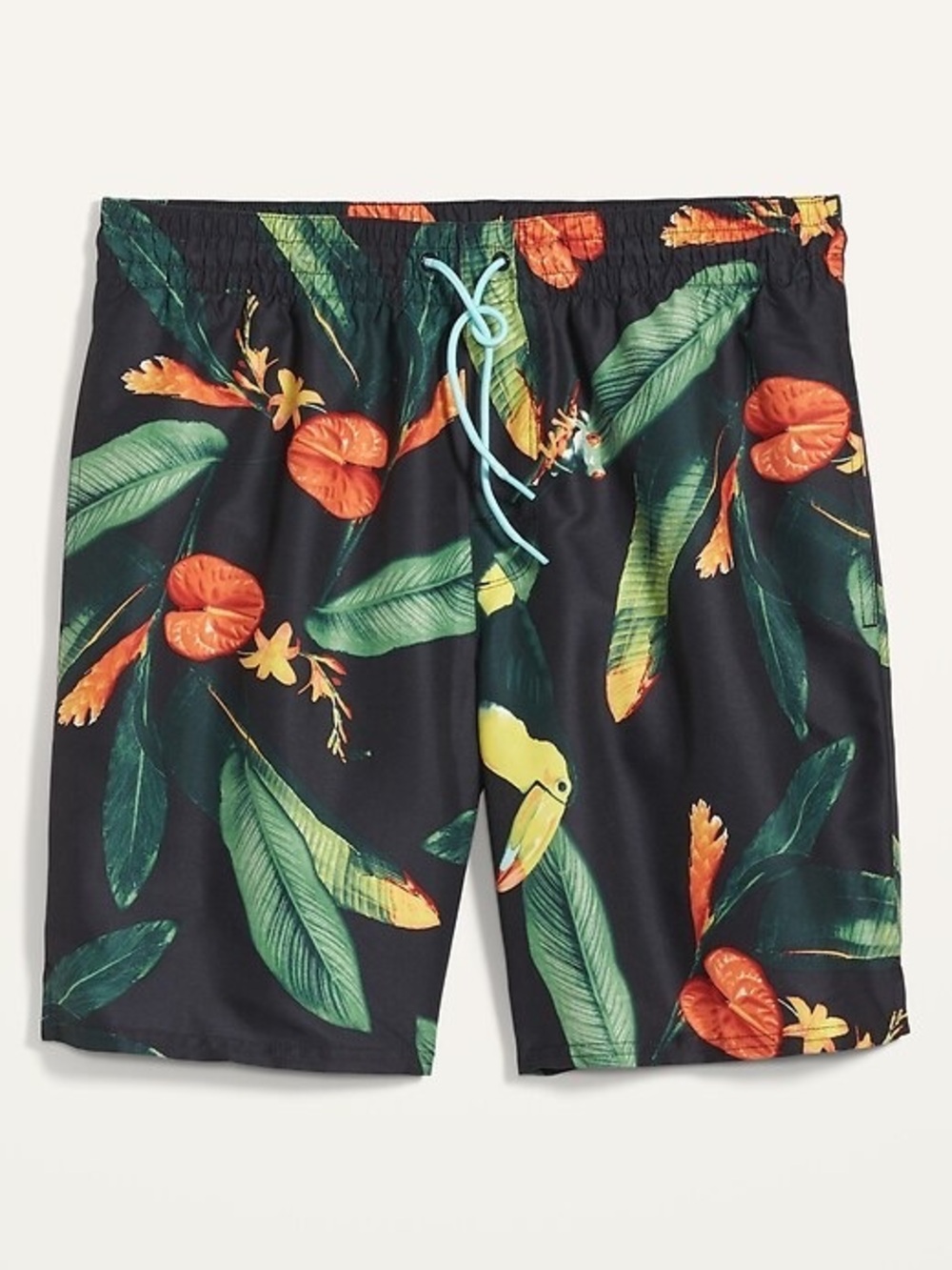 Old Navy Men’s  Black Swim Trunks with Green Leaves and Orange Floral Print
